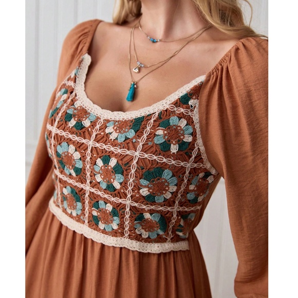 Boho Floral Crochet Long Sleeve High Waisted Dress - Picture 2 of 6